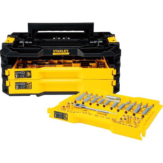 STANLEY® 203 PCS mechanics tool set with 3-drawer tool box, SAE/Metric, open drawer 1