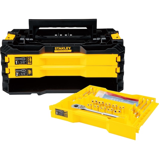 STANLEY® 203 PCS mechanics tool set with 3-drawer tool box, SAE/Metric, open drawer 3