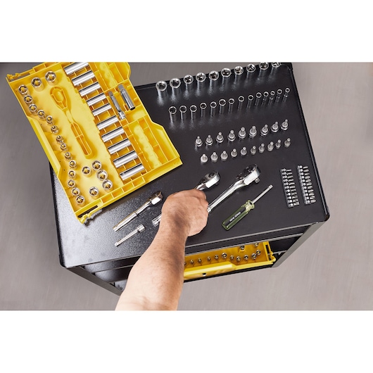 Application shot of STANLEY 203 PCS  mechanics tools set on car workshop