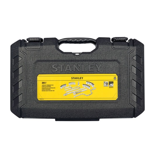 STANLEY STMT45512-LA black hard plastic tool case with yellow label, photography of front angle, socket set shown on label.