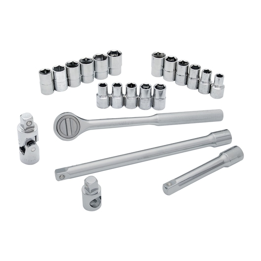 STANLEY STMT45514-LA socket set with ratchet, extension bars, adapters, and assorted sockets, top view on white background.