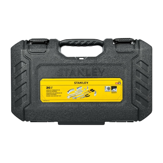 Stanley STMT45514-LA round head ratchet set case, black plastic, front angle, yellow label.