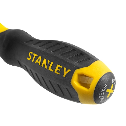 STANLEY STMT60040-LA screwdriver handle, black and yellow, close-up on white background.