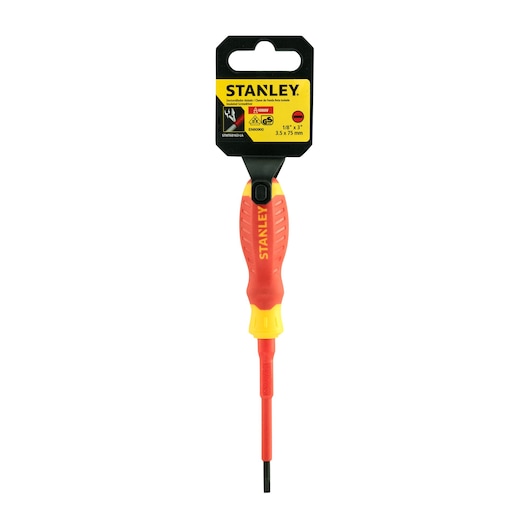 STANLEY STMT60163-LA insulated flathead screwdriver with red and yellow handle, front view on white background.