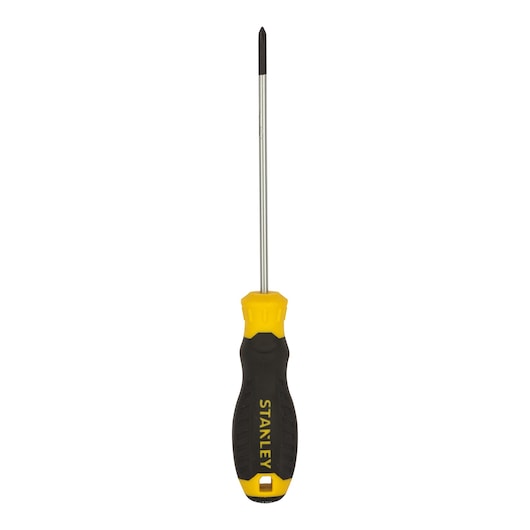 Stanley STMT60801-840 black and yellow Phillips screwdriver, straight handle, front view, white background.