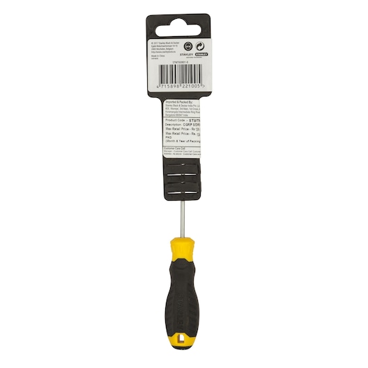 STANLEY STMT60801-840 screwdriver with black and yellow ergonomic handle, rear view on white background.