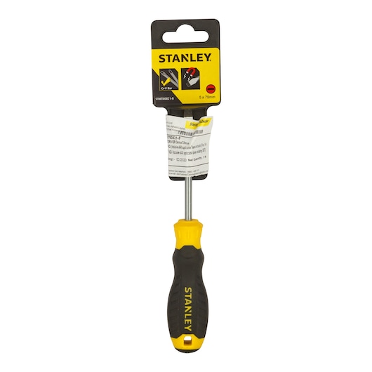 Photo of STANLEY STMT60821-840 screwdriver with black and yellow handle, front view on white background.