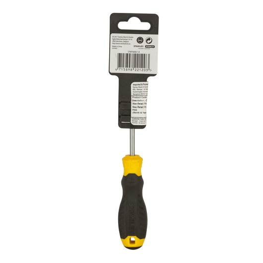 STANLEY STMT60821-840 screwdriver with black and yellow handle, photographed from the back on white background.