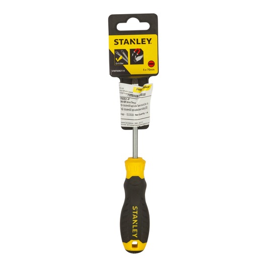 A Stanley brand flathead screwdriver with a black and yellow ergonomic handle and a product label attached to the shaft.