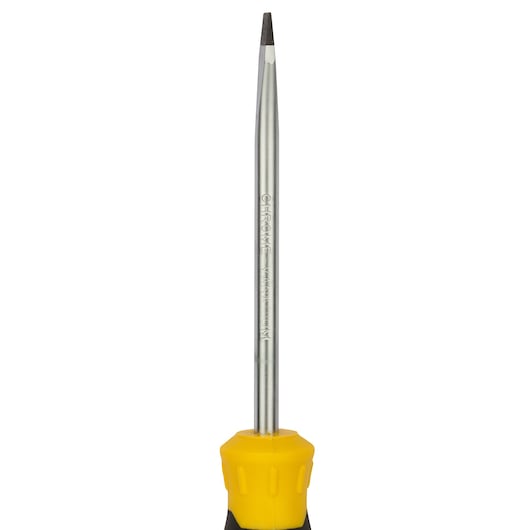 A close-up image of a precision screwdriver with a yellow and black handle and a chrome vanadium steel shaft.
