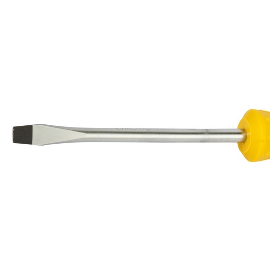 A flathead screwdriver with a yellow handle and metal shaft.