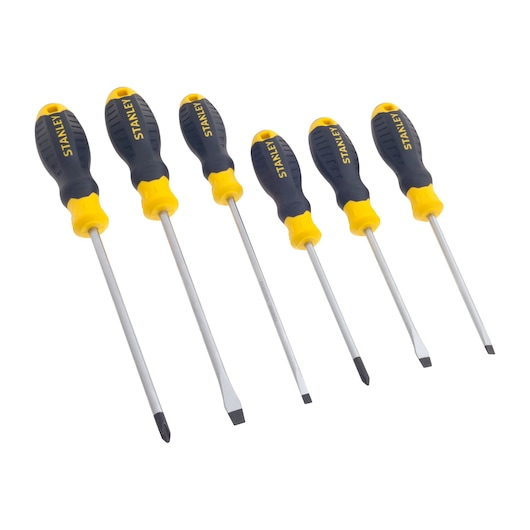 STANLEY STMT66672-840 screwdriver set, six pieces with black and yellow ergonomic handles, front angle on white background.