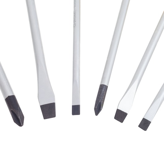 STANLEY STMT66672-840 screwdriver set with various flat and Phillips heads, top view on white background.