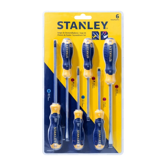 Photo of STANLEY STMT66672-840 screwdriver set with six pieces, blue and yellow handles, front angle.