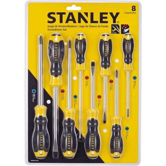 STANLEY STMT66675-840 screwdriver set with eight black and yellow screwdrivers, front view in retail packaging.