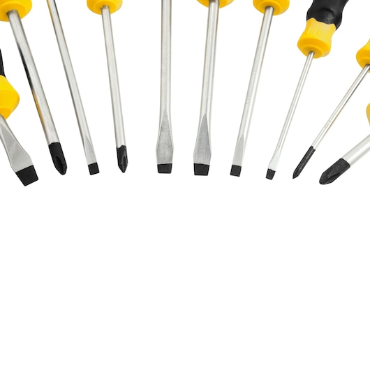 STANLEY STMT66676-840 assorted screwdriver set with yellow and black handles, top-down view, white background.