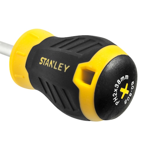 STANLEY STMT66676-840 screwdriver with black and yellow ergonomic handle, close-up angle, hand tool category.