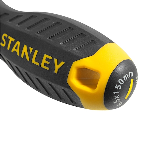 STANLEY STMT66676-840 screwdriver handle, black and yellow, close-up angle showing brand logo and size marking.