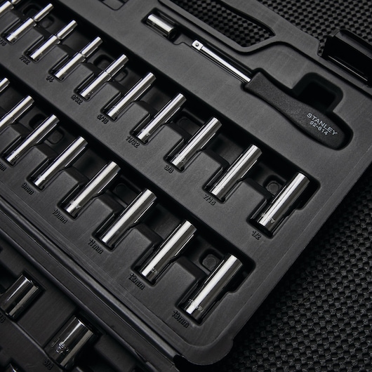 STANLEY STMT71651 socket set in black case, showing chrome sockets and driver organized by size.