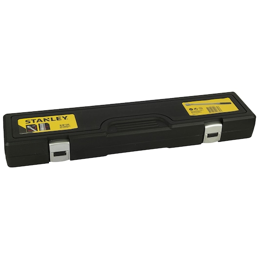 Photo of STANLEY STMT73590 black rectangular tool case with yellow label, front angle on white background.