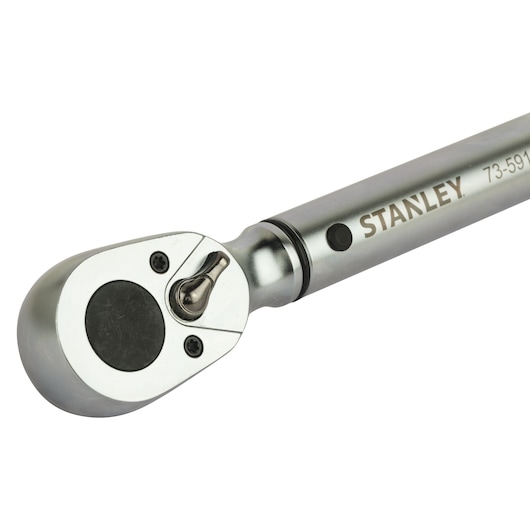 STANLEY STMT73591-8 torque wrench close-up, silver metal finish, showing head and branding on white background.