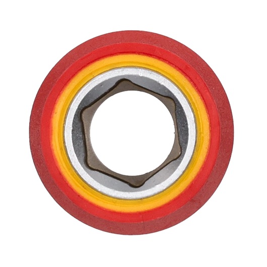 STANLEY STMT77831-LA socket with red, yellow, and silver rings, front angle, on white background.