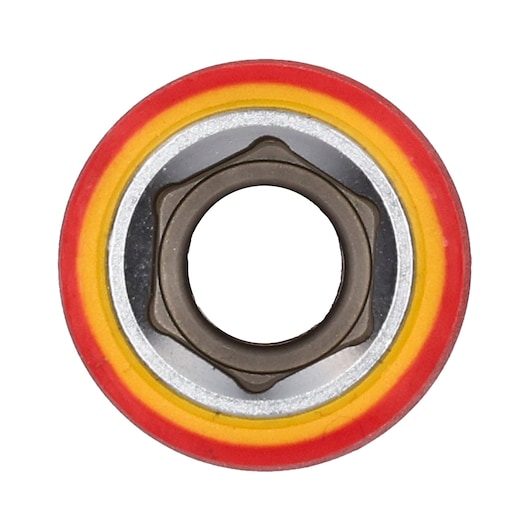 STANLEY STMT77833-LA round metal socket with red and yellow rubber rings, top view, photography.