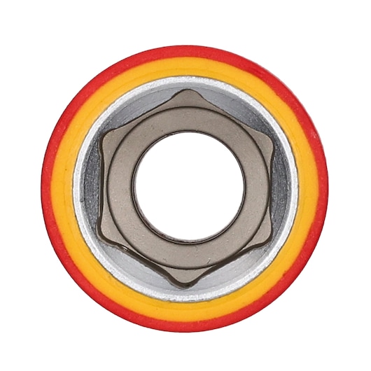 STANLEY STMT77835-LA socket with metal center and red and yellow ring, top view on white background.