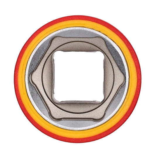 STANLEY STMT77838-LA socket with yellow and red rings, top view on white background.