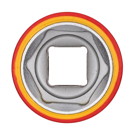 STANLEY STMT77840-LA socket with silver body, yellow and red rings, top view on white background.