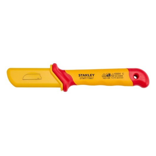 STANLEY STMT77867 insulated cable knife with yellow and red handle, blade guard, side view, white background.