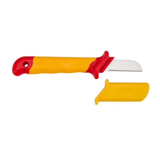 STANLEY STMT77867-LA insulated cable knife with yellow and red handle and yellow sheath, top angle, white background.
