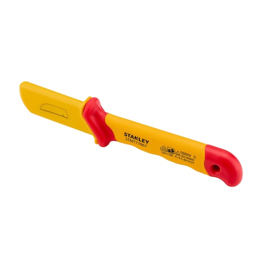 STANLEY STMT77867 insulated yellow and red electrician's knife with blade cover, side angle on white background.