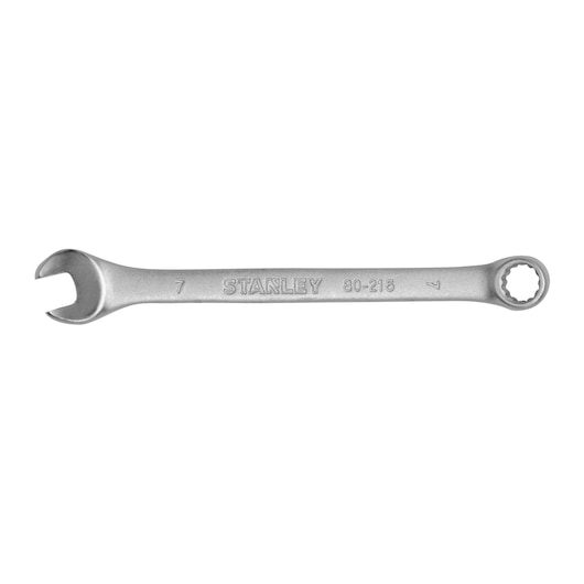 STANLEY STMT80216-840 combination wrench, silver, side view, with open and box end.