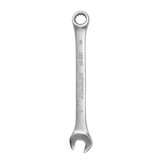 STANLEY STMT80217-840 silver combination wrench, top view on white background.