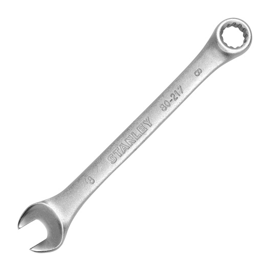 Stanley STMT80217-840 silver combination wrench, angled view, with open and box ends.