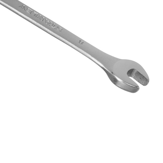 STANLEY STMT80217-840 open-end wrench, silver, close-up angled on white background, hand tool.