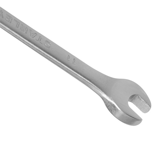 Stanley STMT80220-840 open-end wrench, silver metal, top angle on white background.
