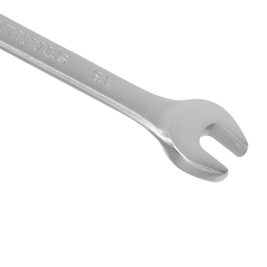 STANLEY STMT80223-840 silver open-end wrench, angled view, photography on white background.