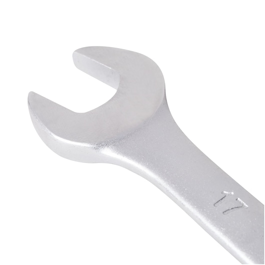STANLEY STMT80229-840 matte silver open-end wrench, 17mm size, close-up on white background.