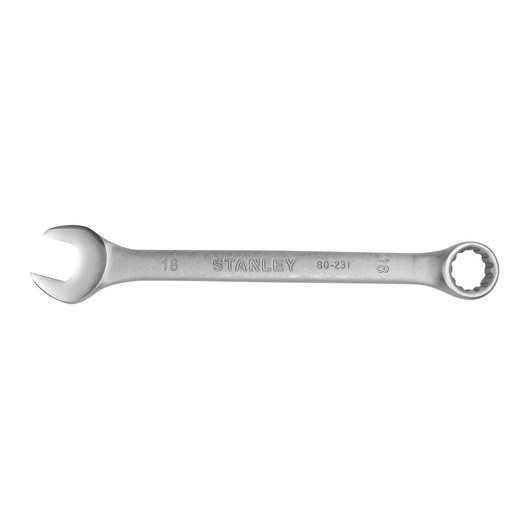 Stanley STMT80231-840 box-end and open-end wrench, silver, side angle, on white background.