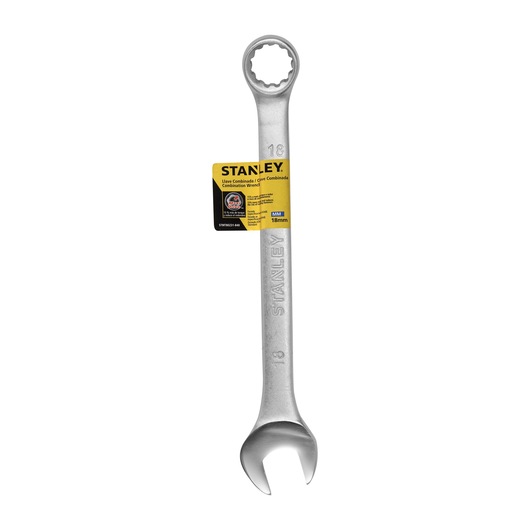 STANLEY STMT80231-840 combination wrench 18mm silver steel front view with yellow label.