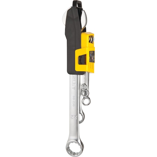 STANLEY STMT81560-LA combination wrench set with silver wrenches in yellow and black holder, front view.
