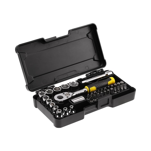 STANLEY STMT82672-0 socket and bit set with ratchet in black case, angled view on white background.