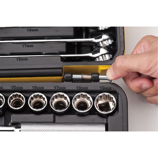 STANLEY STMT82780 socket and wrench set in plastic case, hand removing 19mm socket, close-up.
