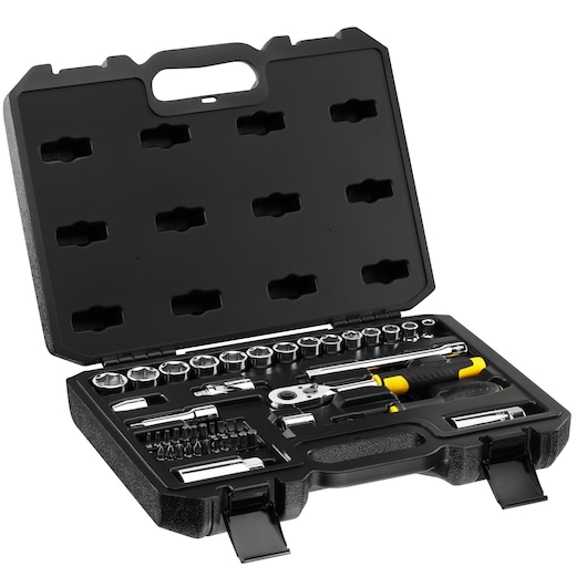 STANLEY STMT82829-1 socket and ratchet set in black hard case, open angle, showing tools organized inside.