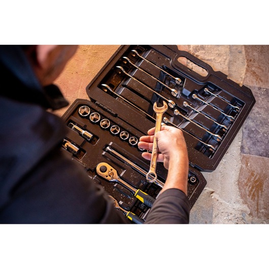 STANLEY STMT82832-LA tool set photography, close-up of wrench and ratchet in black carrying case.