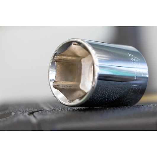 STANLEY STMT82832-LA chrome socket close-up, photography showing hex interior and engraved markings.