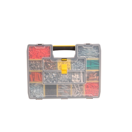 STANLEY STST14026 organizer box front view with assorted fasteners and transparent lid.