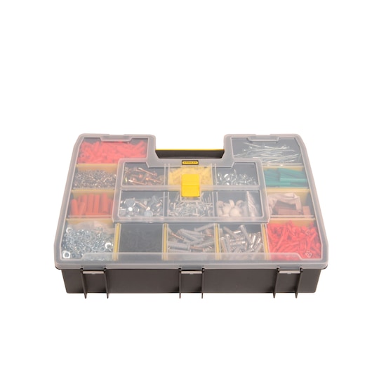 STANLEY STST14026 organizer box with clear lid, front angle, filled with assorted fasteners and hardware.